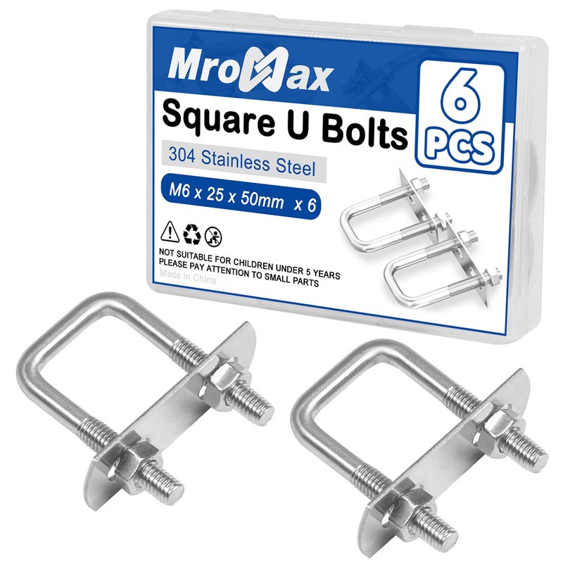 MroMax 6Pcs Square U-Bolts 1 Inch Inner Width, M6 x 25 x 50mm 304 Stainless Steel U Bolts with Frame Plates and Nuts, 2 Inch Length Mini Metal U Bolt for for Camper Trailer Marine Boat - Image 1